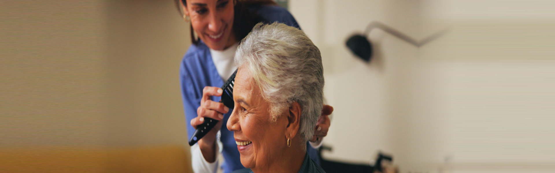 brush and senior woman with hairstyle for self care, grooming or morning routine at assisted living.