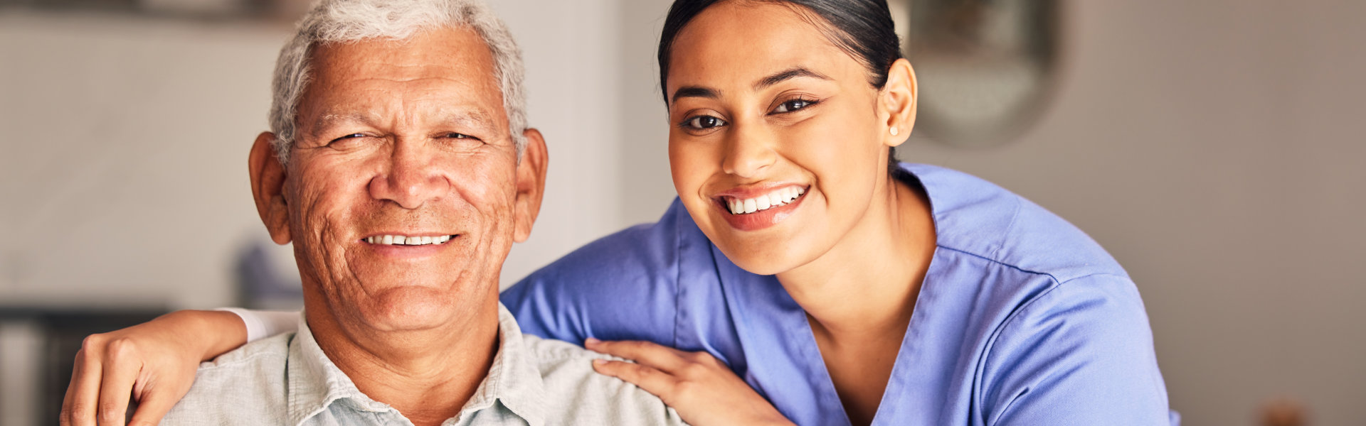woman, nurse and portrait of senior man with support, medical service and helping patient in retirement. Face of caregiver,
