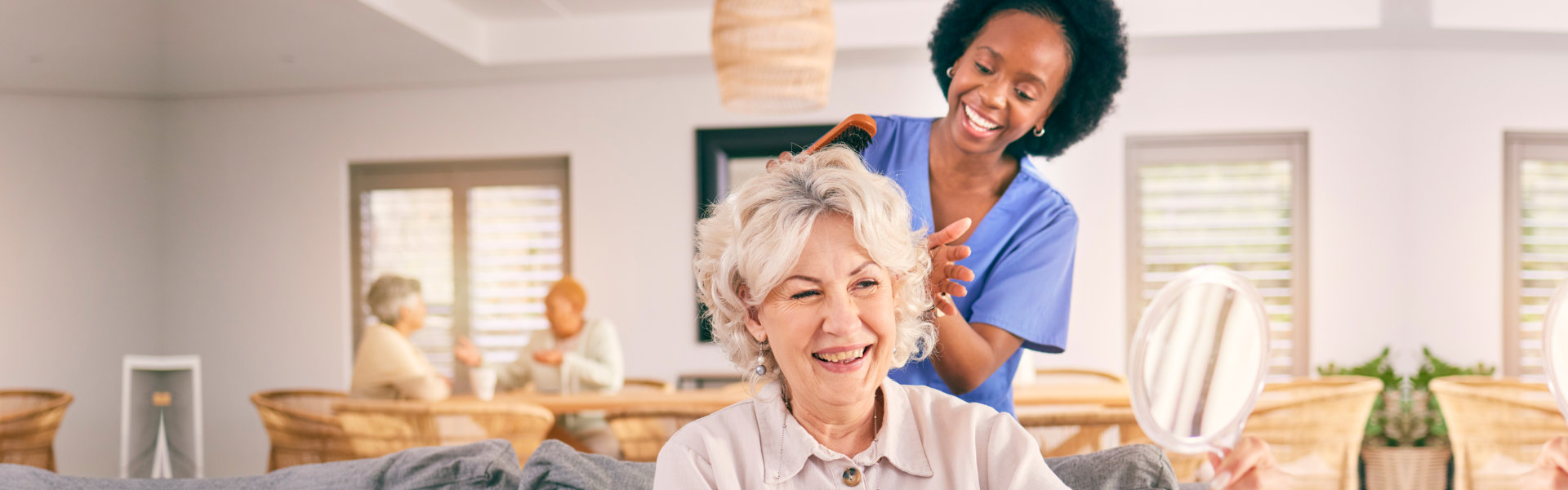 hair of happy mature woman in the living room of the modern retirement home for self care.